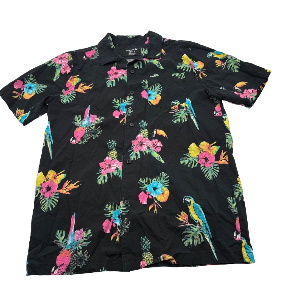 Hurley Boys Shirt Size 18/20 Black Tropical Parrot Toucan Floral Button Up